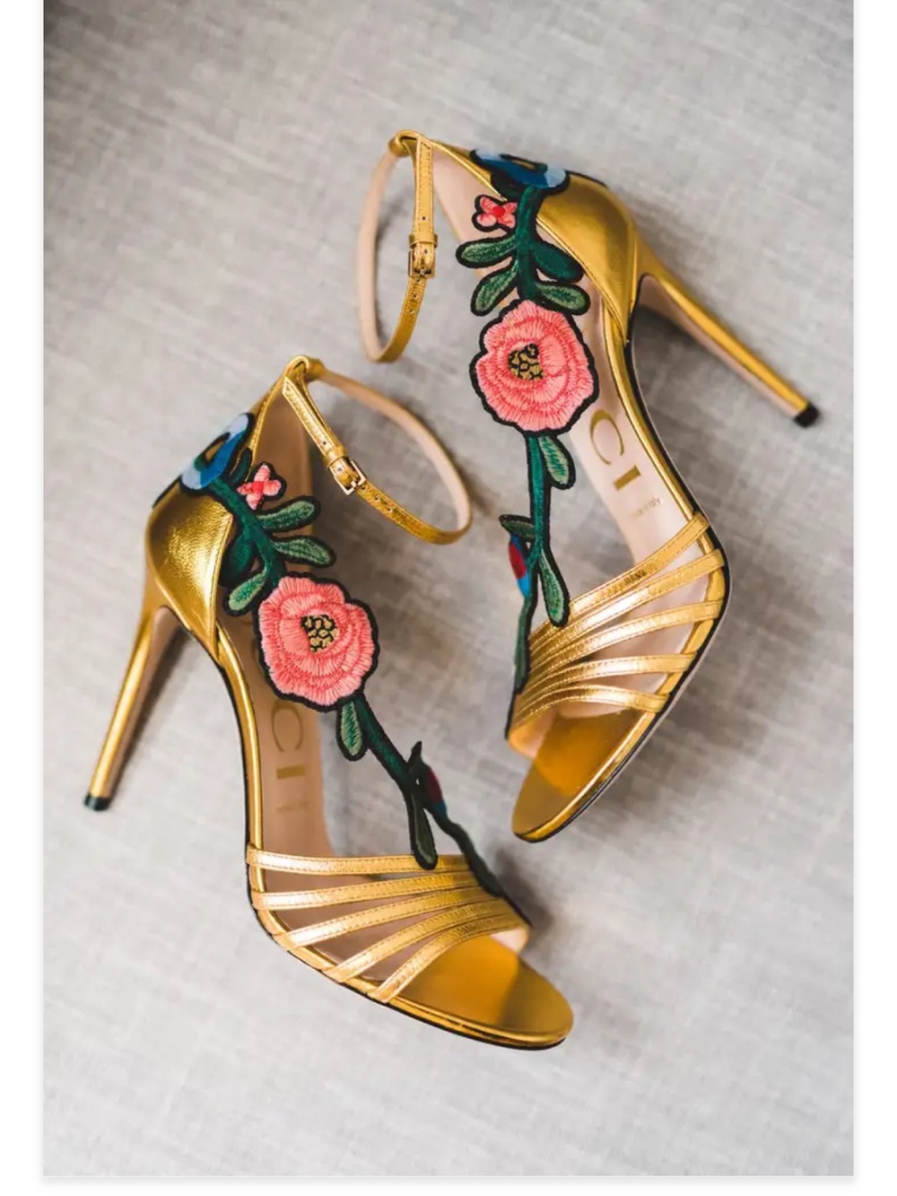 Gucci Gold Floral Appliqué Ankle-Strap Stiletto Sandals
